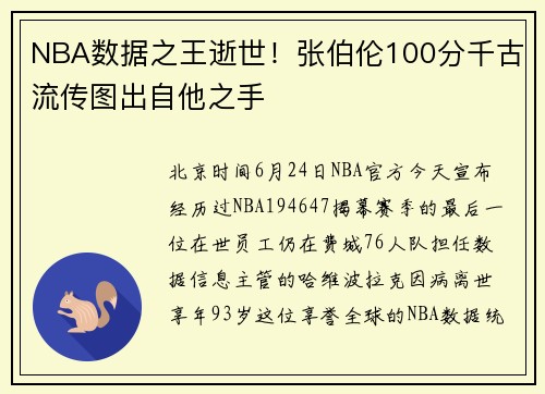 NBA数据之王逝世！张伯伦100分千古流传图出自他之手