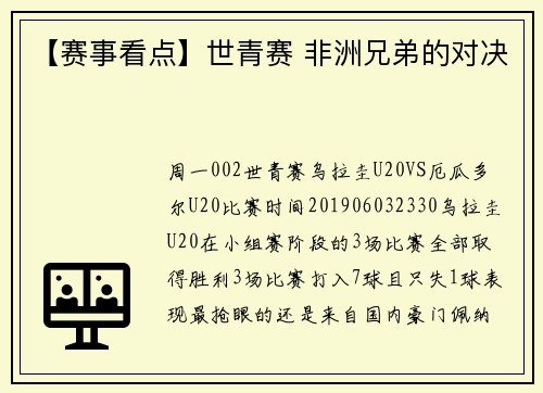 【赛事看点】世青赛 非洲兄弟的对决